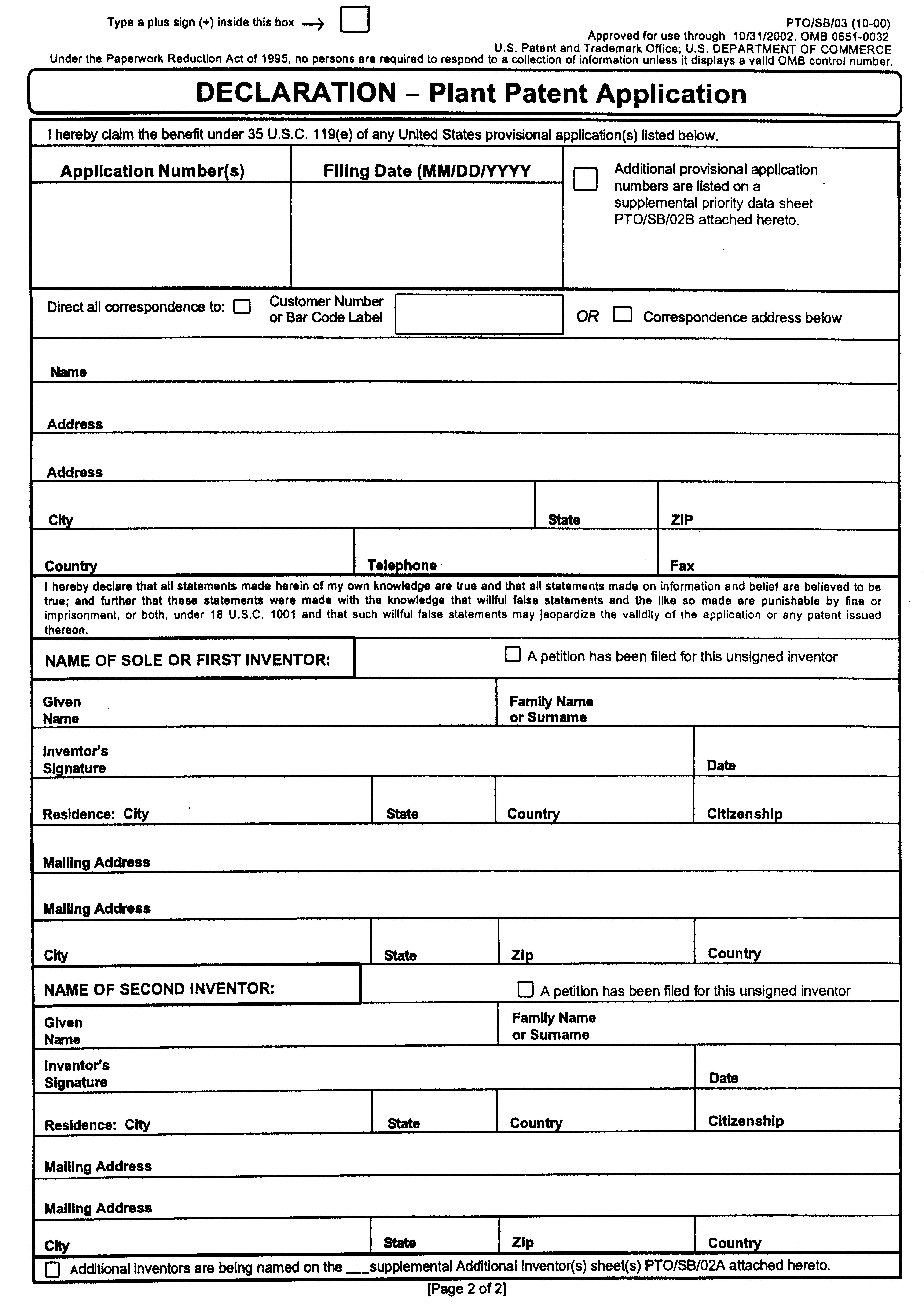 form pto/sb/03. plant patent application