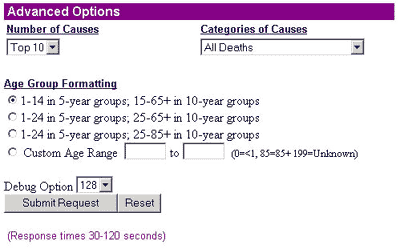 screen capture of advanced leading causes of death report options