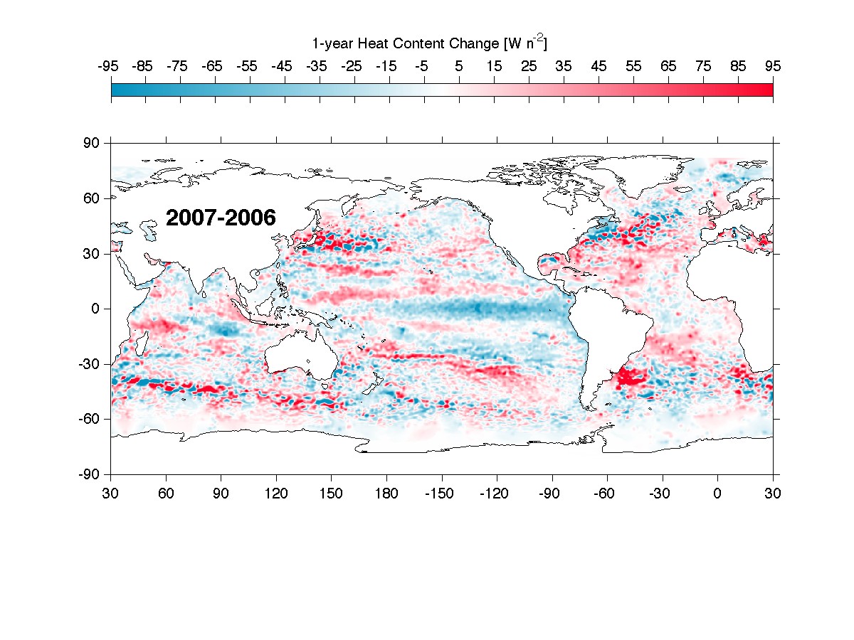 map showing change in upper ocean heat content anomaly