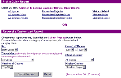 screen capture of leading cause report options