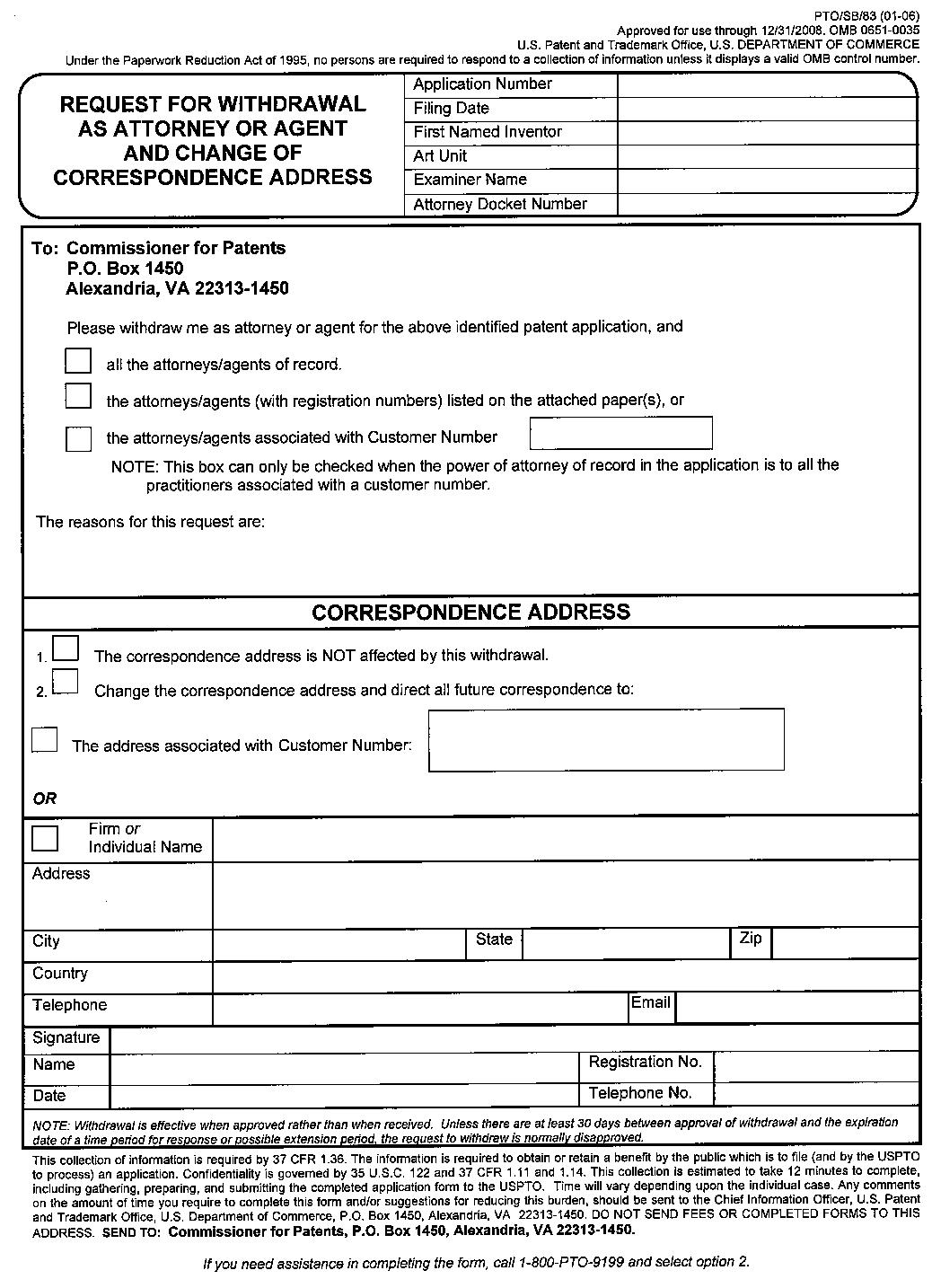 form pto/sb/83 request for withdrawal as attorney or agent and change of correspondence address