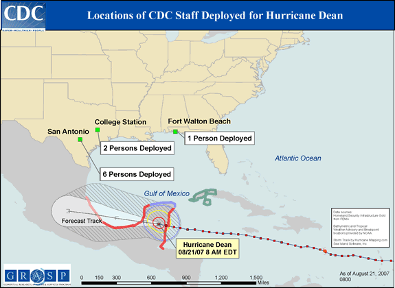 Map: Locations of CDC Staff Deployed for Hurricane Dean. (Click to view enlarged image in PDF format.)