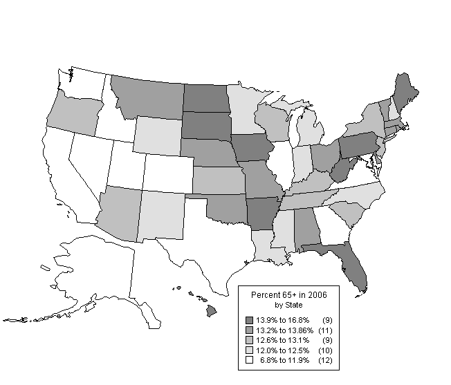 Figure 4 is a state map of the US showing the persons over 65 in the population of each state.  This data may be found in the table Figure 6.