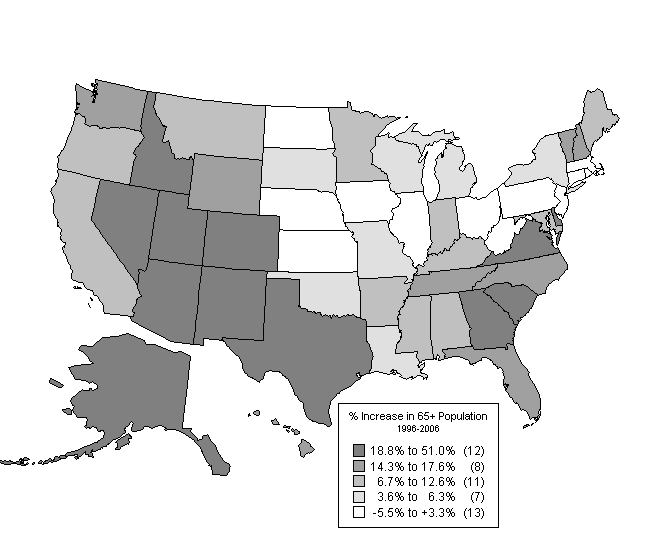 Figure 5 is a US state map showing the perent increase in the older population of each state.  The data may be found in the table in Figure 6.