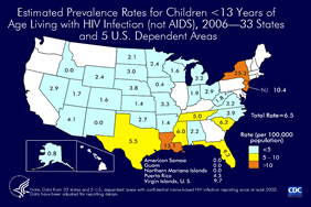 Slide 15: Estimated Prevalence Rates for Children <13 Years of Age Living with HIV Infection (not AIDS), 2006—33 States and 5 U.S. Dependent Areas

For children living with HIV/AIDS, prevalence rates per 100,000 population are shown for 33 states and 5 U.S. dependent areas with confidential name-based HIV infection surveillance.

Areas with the highest prevalence rates in 2006 were New York, Louisiana, New Jersey, and the U.S. Virgin Islands.

The following 33 states and 5 U.S. dependent areas have had laws or regulations requiring confidential name-based HIV infection surveillance since at least 2003: Alabama, Alaska, Arizona, Arkansas, Colorado, Florida, Idaho, Indiana, Iowa, Kansas, Louisiana, Michigan, Minnesota, Mississippi, Missouri, Nebraska, Nevada, New Jersey, New Mexico, New York, North Carolina, North Dakota, Ohio, Oklahoma, South Carolina, South Dakota, Tennessee, Texas, Utah, Virginia, West Virginia, Wisconsin, Wyoming, American Samoa, Guam, the Northern Mariana Islands, Puerto Rico, and the U.S. Virgin Islands.

The data have been adjusted for reporting delays.