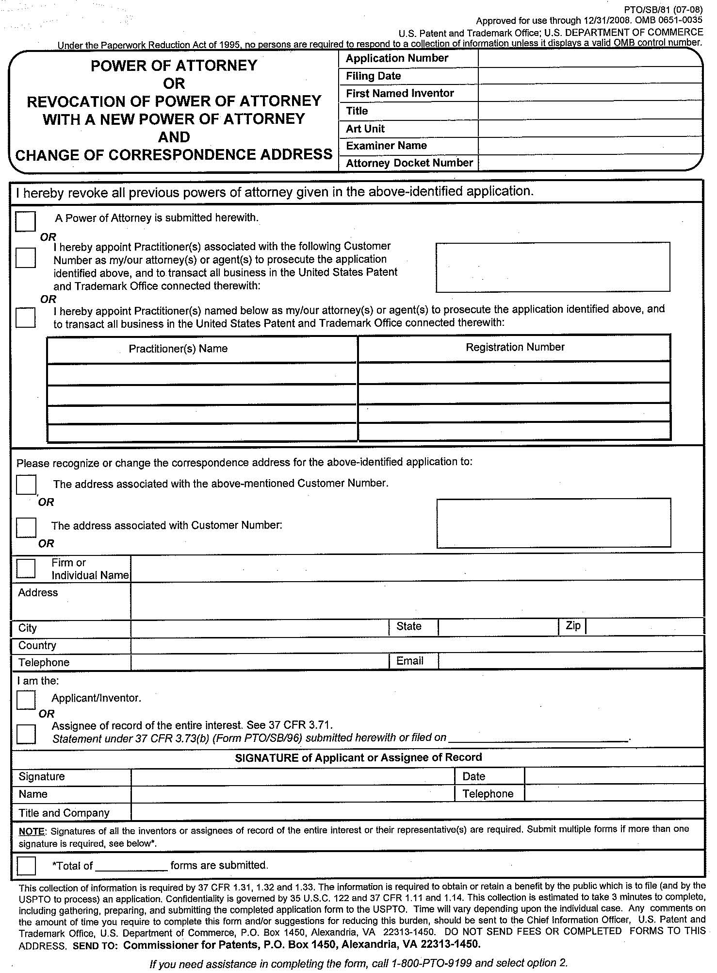form pto/sb/82 revocation of power of attorney with new power of attorney and change of correspondence address