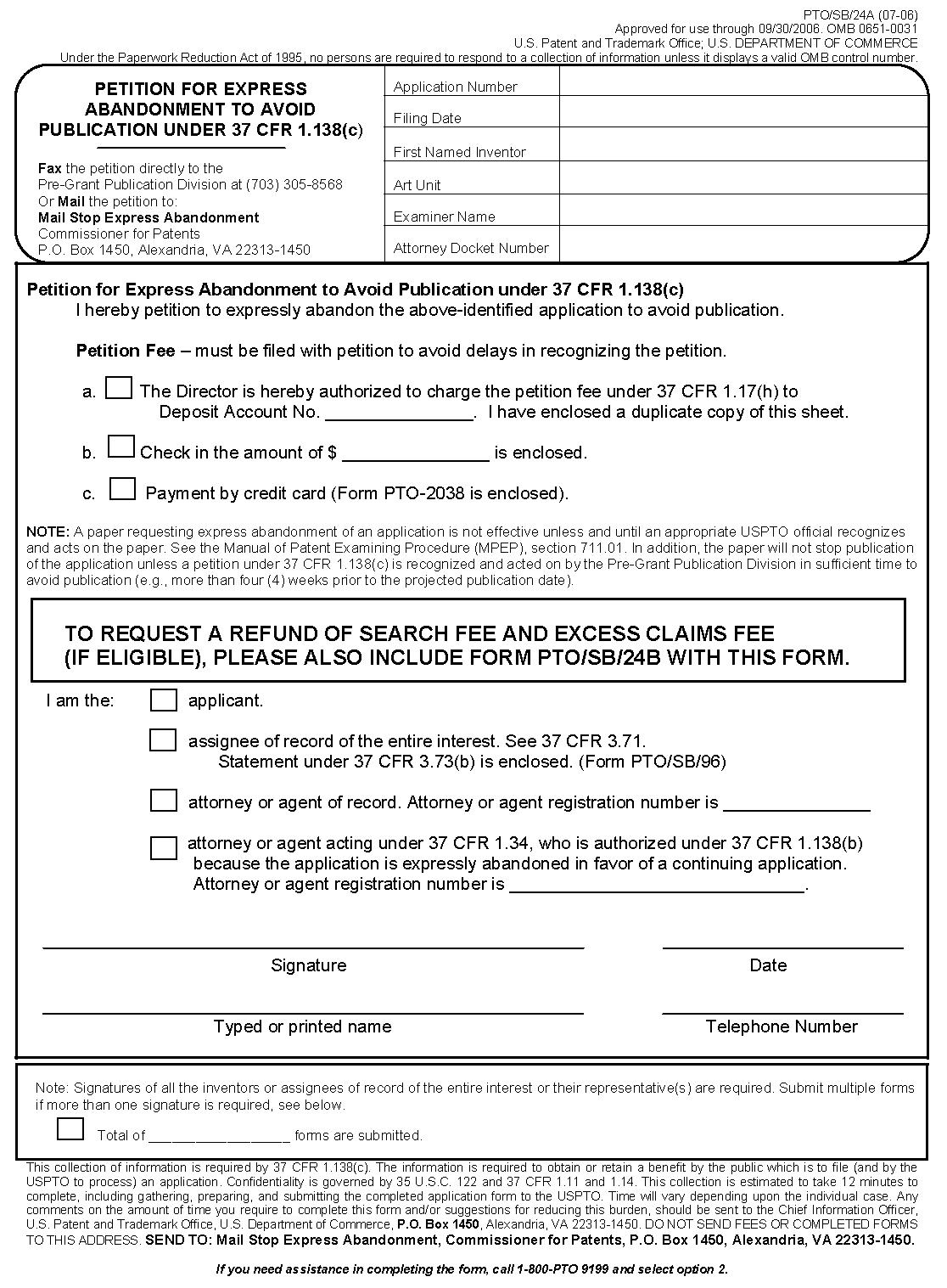form pto/sb/24a petition for express abandonment to avoid publication under 37 cfr 1.138(c) 