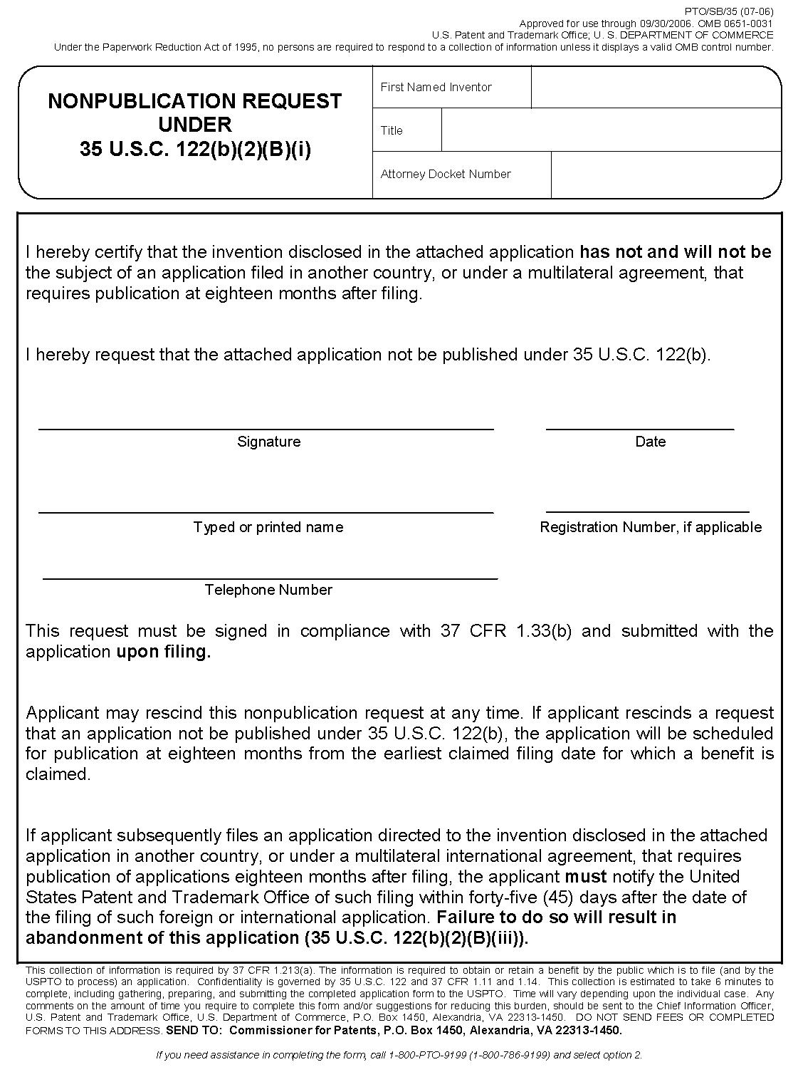 form pto/sb/36 rescission of previous nopublication request (35 u.s.c. 122(b)(2)(b)(iii)) and, if applicable, notice of foreign filing (35 u.s.c. 122(b)(2)(d)(iii))