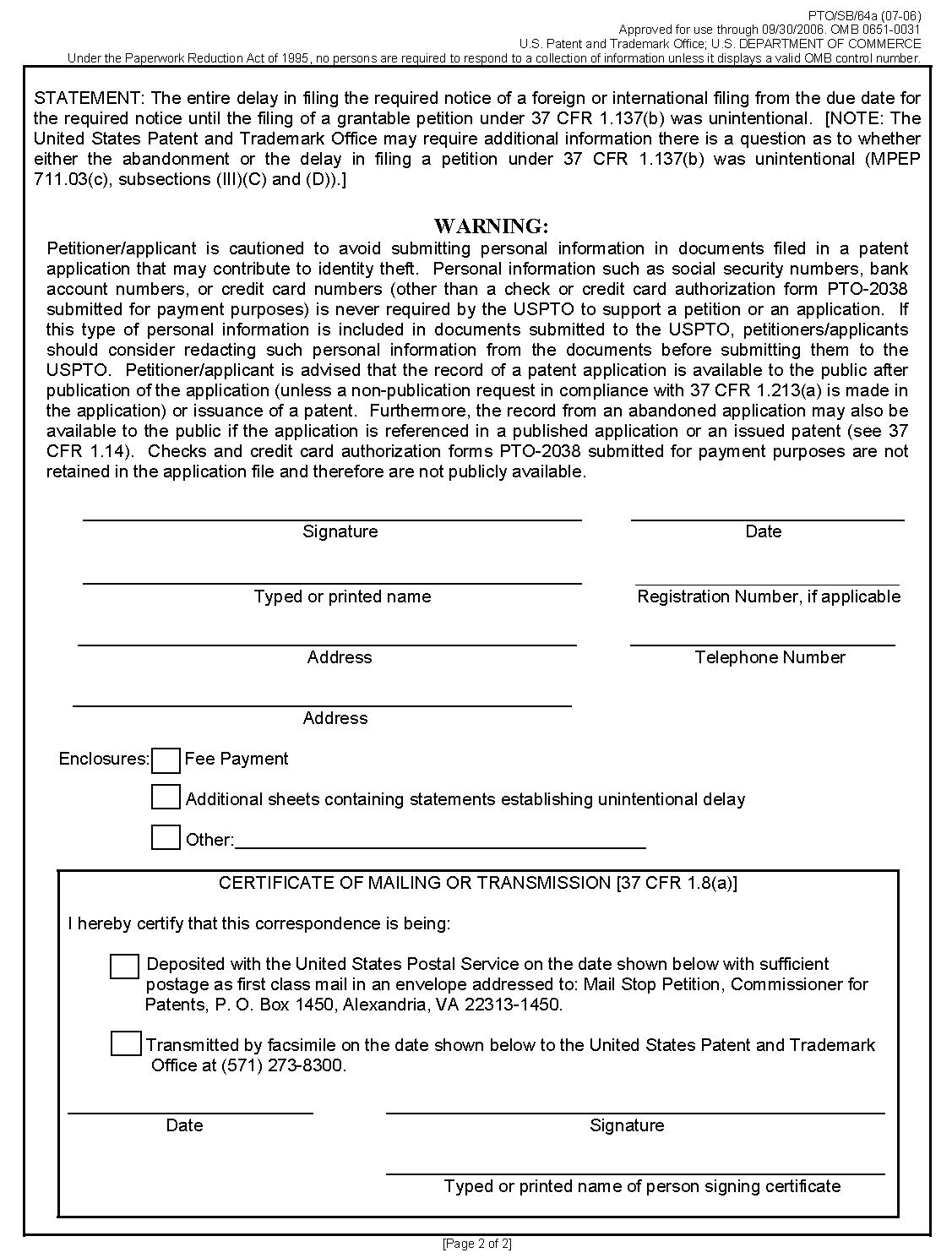 page 2 pto/sb/64a petition for revival of an application for patent abandoned for failure to  notify the office of a foreign or international filing (37 cfr 1.137(f))