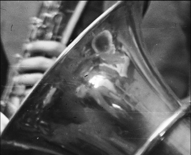 This horn yields a reflection in which the back of a band member and details of the room can be identified. Note the shelving on the wall and what appears to be a cat in the window.