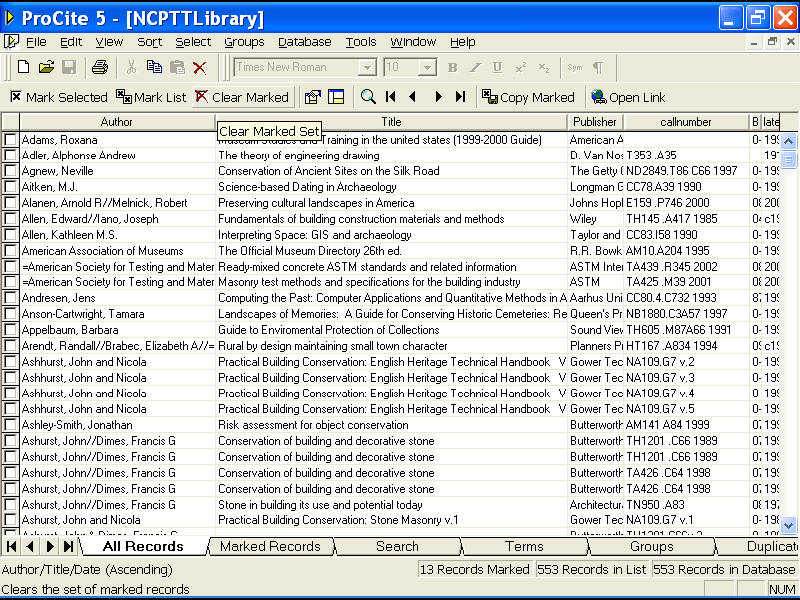 Screenshot of ProCite database
