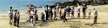 A park ranger presents a program to a group of visitors on Sand Beach.