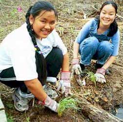 Two teenagers volunteering .