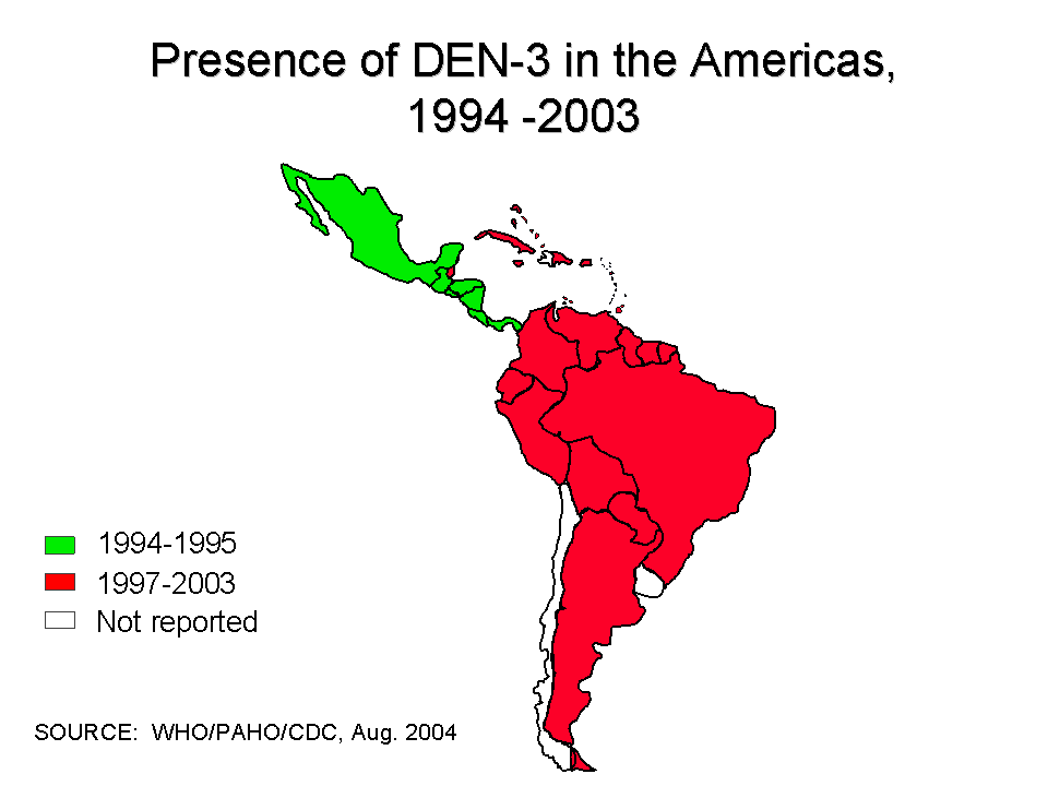 Map presence of DEN 3 in the Americas from 1994-2003