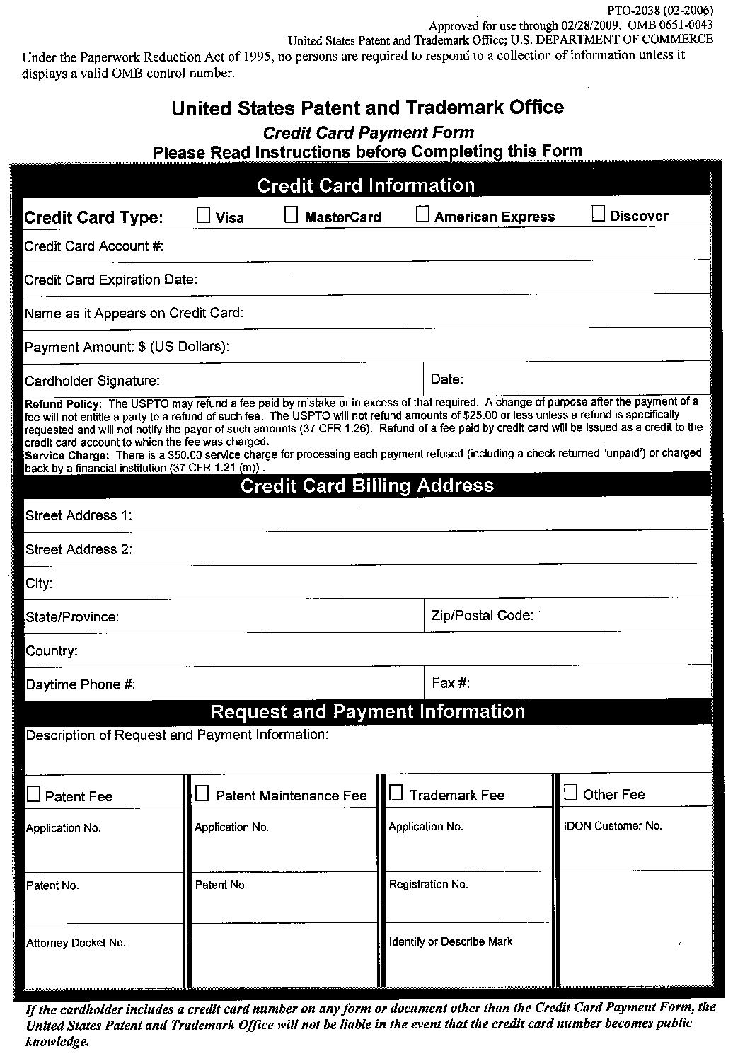 <b>Form PTO-2038. Credit Card Payment Form</b>