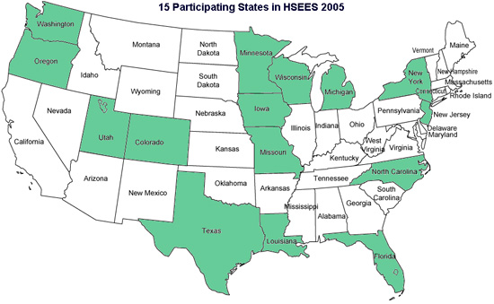 U.S. map highlighting the15 Participating States in HSEES 2005