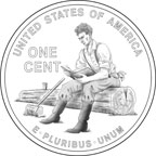 Coin image shows Lincoln sitting on a log and reading beside his ax, surrounded by the standard one-cent reverse inscriptions.