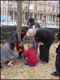 Forest Service Chief Gail Kimbell in New York City with several children examining the based of a tree.