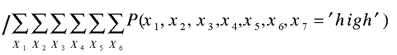 divided by summation over uppercase x subscript {1} summation over uppercase x subscript {2} summation over uppercase x subscript {3} summation over uppercase x subscript {4} summation over uppercase x subscript {5} summation over uppercase x subscript {6} uppercase p (lowercase x subscript {1}, lowercase x subscript {2}, lowercase x subscript {3}, lowercase x subscript {4}, lowercase x subscript {5}, lowercase x subscript {6}, lowercase x subscript {7} = 'high')