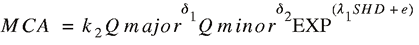 uppercase m uppercase c uppercase a = lowercase k subscript {2} uppercase q subscript {major} superscript {lowercase delta subscript {1}} uppercase q subscript {minor} superscript {lowercase delta subscript {2}} uppercase e uppercase x uppercase p superscript {(lowercase lambda subscript {1} uppercase s uppercase h uppercase d + lowercase e)}