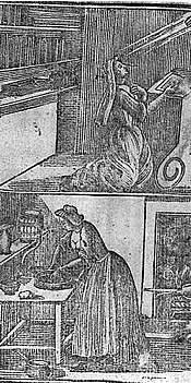 Two engraved illustrations:  a woman on her knees praying, and a woman  working  with what appears to be food in a  basket that is on a table.