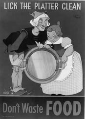 Illus. of nursery rhyme showing Jack Sprat and his wife with clean platter.