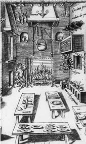 Drawing of a large room fitted out for cooking with a hearth, kettles, tables and plates.  A man sits near the hearth.