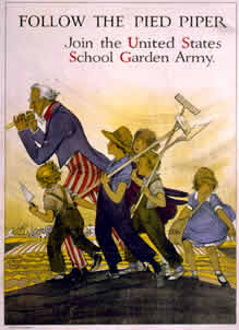 Uncle Sam playing a fife, leading a group of children carrying farm implements.