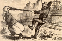 Cartoon of a 'California' man trying to hurt a Chinese person