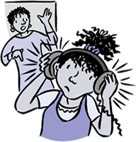 Cartoon of woman shouting at girl using headphones
