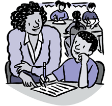Cartoon of teacher working with boy on writing assignment