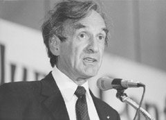 Portrait of Elie Wiesel delivering a speech.