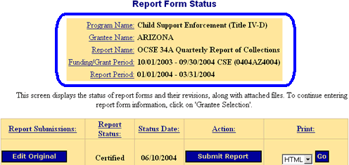 Status page with general status information and original file attachments displayed