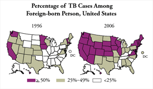 Percentage of TB Cases Among Foreign-born Persons, US 1996 - 2006 click for text description.