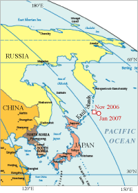 Map of northwestern Pacific Ocean showing epicenters of two earthquakes that triggered small tsunamis