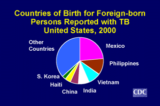 Slide 11: Countries of Birth for Foreign-born Persons Reported with TB, United States, 2000. Click here for larger image
