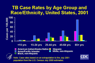 Slide 10: TB Case Rates by Age Group and Race/Ethnicity, United States, 2001. Click here for larger image