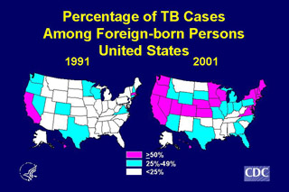 Slide 13: Percentage of TB Cases Among Foreign-born Persons, United States. Click here for larger image