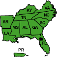 Image of the Southeastern states of the U.S. in green.