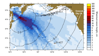 map of North Pacific Ocean showing predicted maximum wave heights and arrival times of tsunami waves generated by the November 15, 2006 earthquake near Kuril Islands