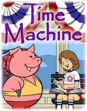 Image shows Plinky and a girl outside a building displaying red, white, and blue banners, and the words Time Machine.