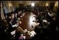 President George W. Bush addresses the media during a meeting with his Cabinet the day after beginning the disarmament of Iraq Thursday, March 20, 2003. White House photo by Paul Morse.