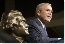 President George W. Bush speaks to the American Legislative Exchange Council next to their Thomas Jefferson Freedom Award in Dallas, Texas on Wednesday August 3, 2005.  White House photo by Paul Morse