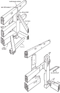 These illustrations from the Timber Framing journal represent assembled and exploded views of laminated gallery post extension at St. John’s Church, Portsmouth, New Hampshire., 1807, where it clasps the oblique (rising) tie, while the principal rafter passes over and the gallery tie is strapped and pinned on. 