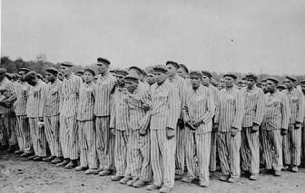 Prisoners standing during a roll call at the Buchenwald concentration camp.