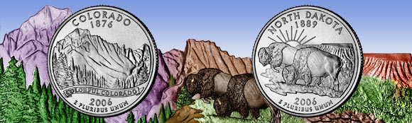 Image shows the Colorado and North Dakota quarters against a scenic background.