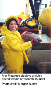 ann matarese displaying prized female arrowtooth flounder