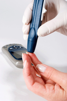 a photo of a person administering a blood glucose test.