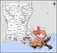 Mapa de condados declarados del desastre 1435