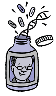 Illustration of vitamin bottle with a man’s face on it, with DNA and vitamins coming out the top